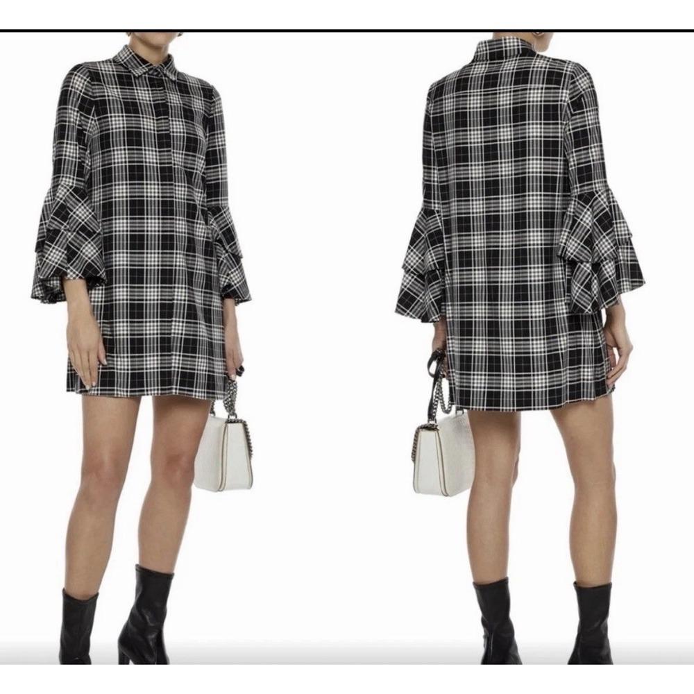 Alice + Olivia Dress Womens S Black Jem Ruffle Bell Sleeve Plaid Preppy Academia